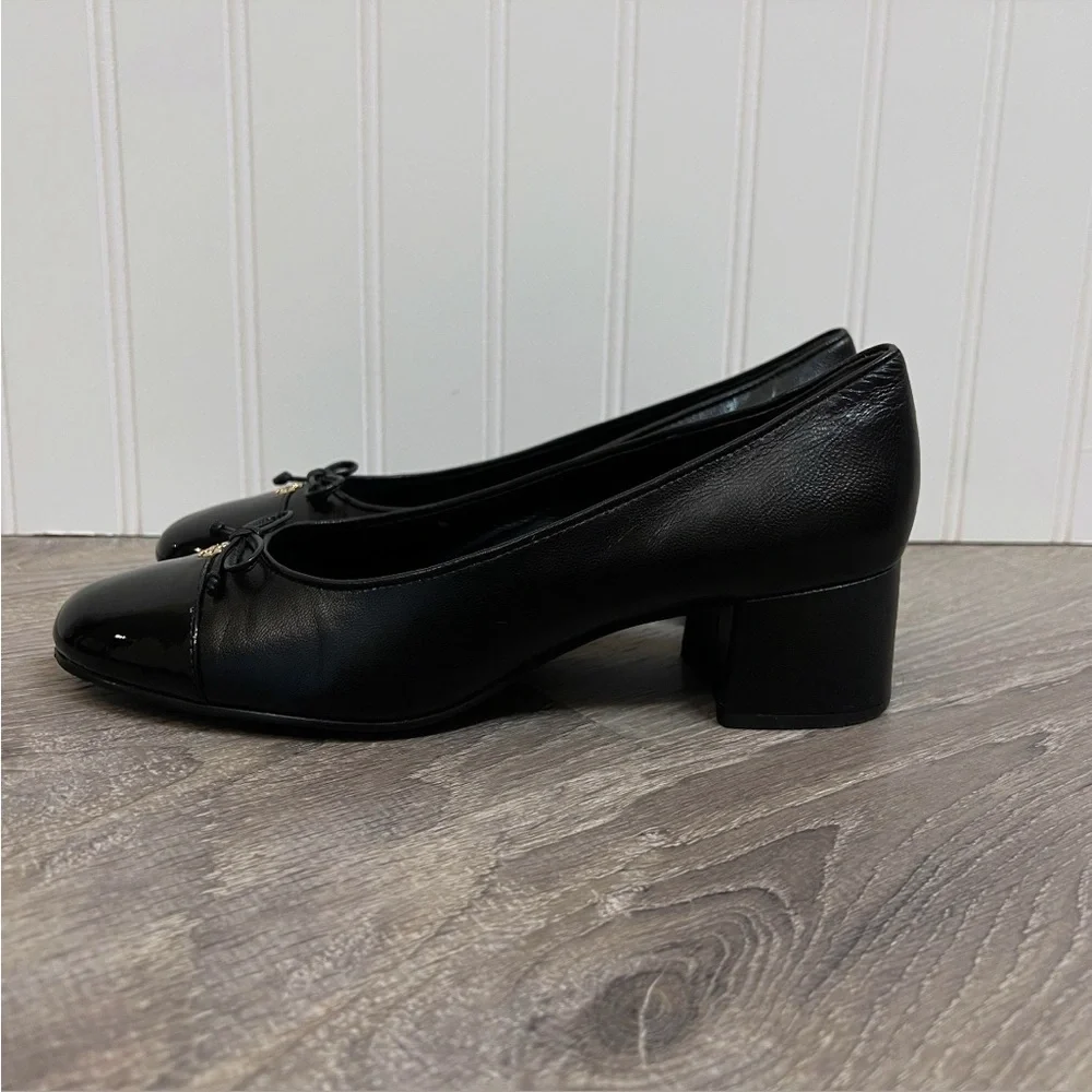 TORY BURCH Mixed Black Leather Cap-Toe Ballerina Block Pumps Size 7 - Picture 8 of 14
